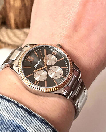 Ferrucci Spor Şık Çelik Kadın Kol Saati+%100 Çelik Kolye Hediye