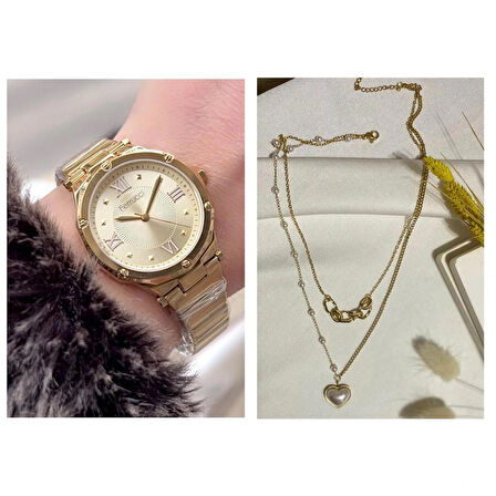 Ferrucci Gold Renk Spor Model Çelik Kadın Kol Saat+%100 Çelik Kolye Hediye