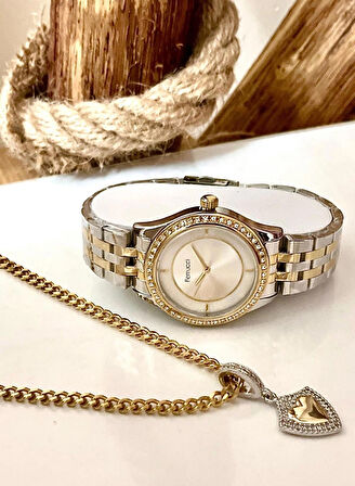Ferrucci Silver&Gold Çelik Kordon Kadın Kol Saat+%100 Çelik Süper Kolye Hediye
