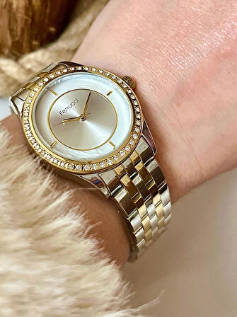 Ferrucci Silver&Gold Çelik Kordon Kadın Kol Saat+%100 Çelik Süper Kolye Hediye