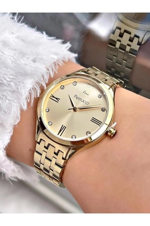 Ferrucci Gold Renk Taşlı Kadran Çelik Kordon ve Kasa Şık Kadın Kol Saati+Bileklik Hediyeli