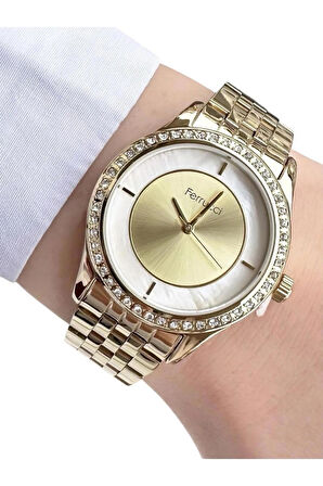 Ferrucci Gold Çelik Şık Kadın Kol Saati+Nazarlıklı Set Hediye