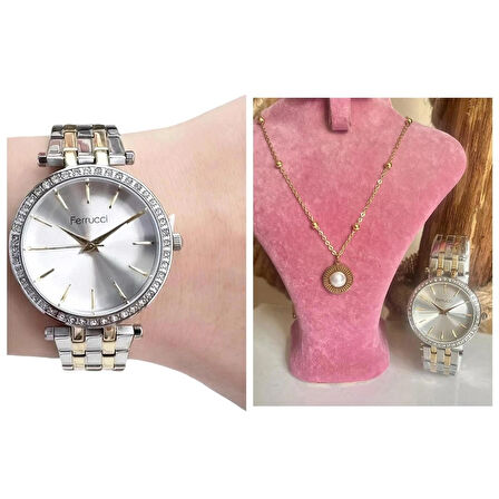 Ferrucci Silver&Gold Çelik Kordon Şık Kadın Kol Saat+%100 Çelik Kolye Hediye