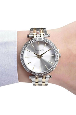 Ferrucci Silver&Gold Çelik Kordon Şık Kadın Kol Saat+%100 Çelik Kolye Hediye