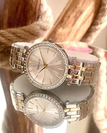 Ferrucci Silver&Gold Çelik Kordon Şık Kadın Kol Saat+%100 Çelik Kolye Hediye