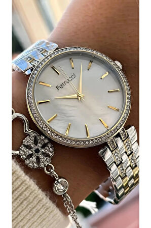 Ferrucci Silver&Gold Çelik Kordon Şık Kadın Kol Saat+%100 Çelik Kolye Hediye