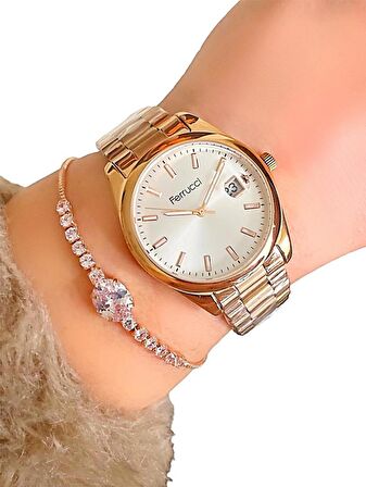 Ferrucci 1.Sınıf Çelik Takvimli Kadın Kol Saat+Bileklik 2 Yıl Garantili