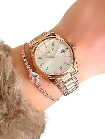 Ferrucci 1.Sınıf Çelik Takvimli Kadın Kol Saat+Bileklik 2 Yıl Garantili