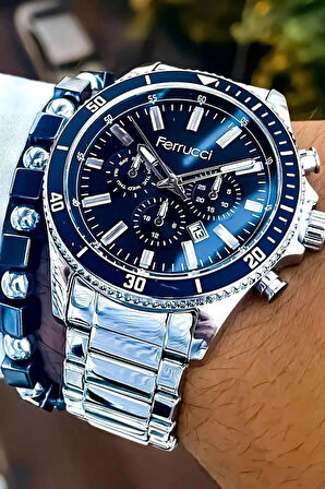 Fonksiyonlu&Takvimli Çelik Silver Erkek Kol Saati+Bileklik