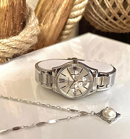 Ferrucci Silver Spor Şık Çelik Kadın Kol Saati+%100 Çelik Kolye Hediye