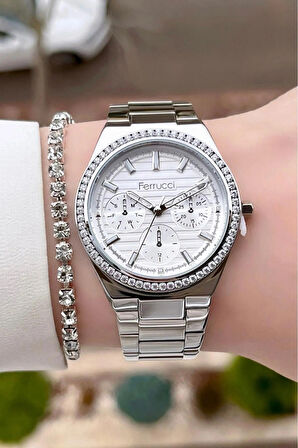 Ferrucci Silver Renk Zirkon Taşlı Çelik Kadın Kol Saati+Bileklik Hediyeli