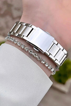 Ferrucci Silver Renk Zirkon Taşlı Çelik Kadın Kol Saati+Bileklik Hediyeli