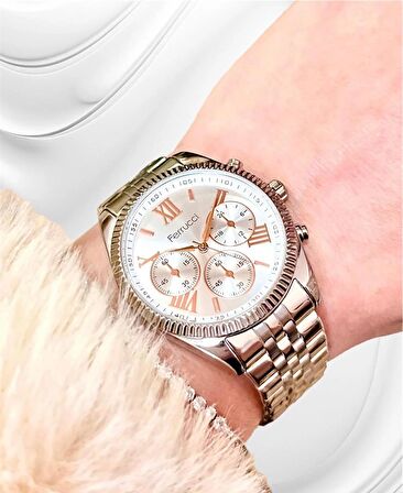 Ferrucci Roma Rakamlı Silver Çelik Spor Model Şık Kadın Kol Saat+Bileklik