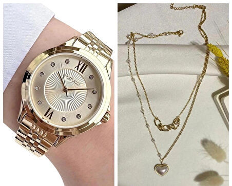Ferrucci Gold Çelik Taşlı Kadın Kol Saati+%100 Çelik Kolye Hediye