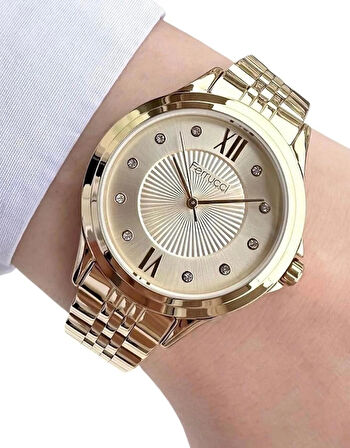 Ferrucci Gold Çelik Taşlı Kadın Kol Saati+%100 Çelik Kolye Hediye