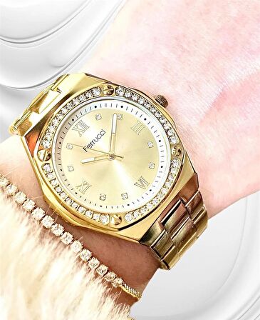 Ferrucci Çelik Zirkon Taşlı Gold Şık Model Kadın Kol Saat+Bileklik Hediyeli