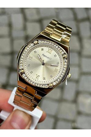 Ferrucci Çelik Zirkon Taşlı Gold Şık Model Kadın Kol Saat+Bileklik Hediyeli