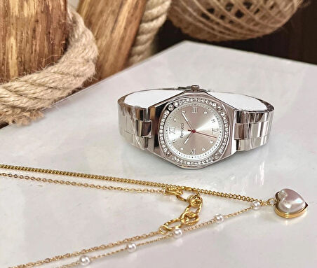 Ferrucci Çelik Zirkon Taşlı Kadın Kol Saati+%100 Çelik Kolye Hediye
