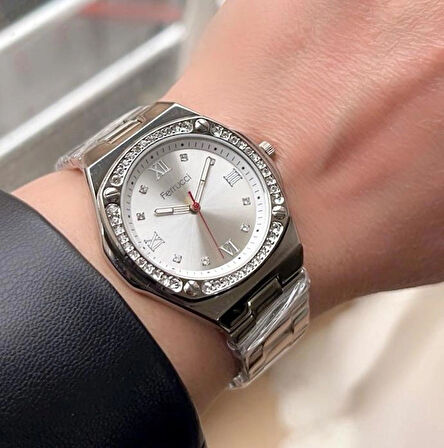 Ferrucci Çelik Zirkon Taşlı Kadın Kol Saati+%100 Çelik Kolye Hediye