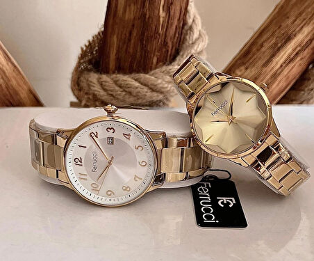 Ferrucci Altın Renk Çelik Sevgili Çift Saat Kombin+Bileklik Hediyeli