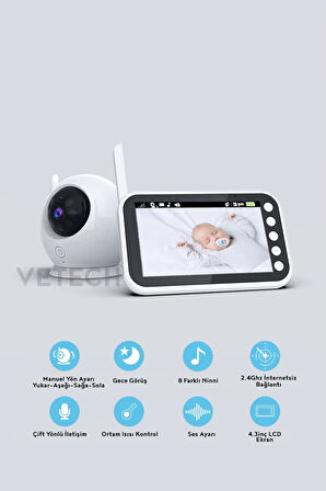 Vetech Bebek Kamerası Ekranlı Bebek İzleme Monitörü Gece Görüşlü Bebek Telsizi