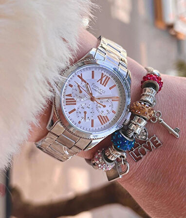 Fonksiyonlu Çelik Kordon Gümüş Renk Kadın Kol Saati+Bileklik Hediye