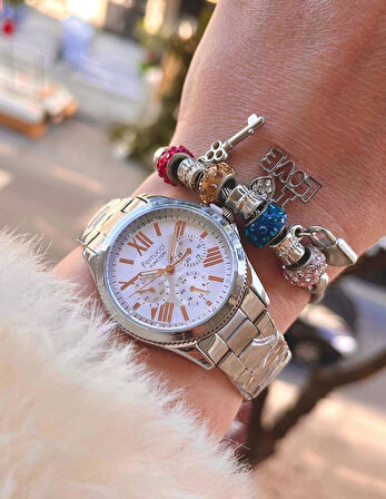 Fonksiyonlu Çelik Kordon Gümüş Renk Kadın Kol Saati+Bileklik Hediye