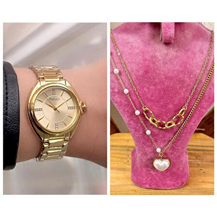 Ferrucci Gold Çelik Kadın Kol Saati+%100 Çelik Kolye Hediye