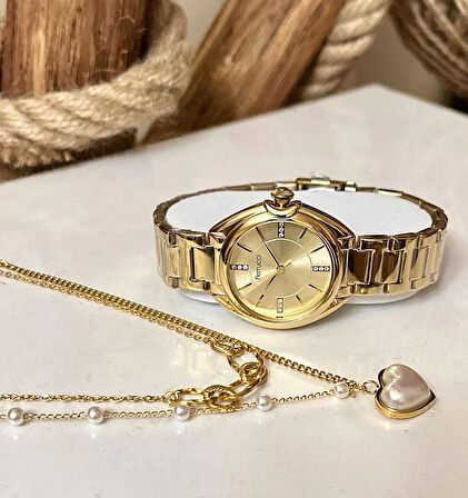 Ferrucci Gold Çelik Kadın Kol Saati+%100 Çelik Kolye Hediye