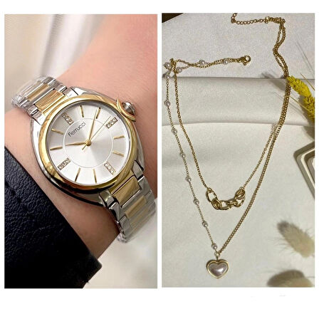 Ferrucci Gold&Gümüş Çelik Kadın Kol Saati+%100 Çelik Kolye Hediye