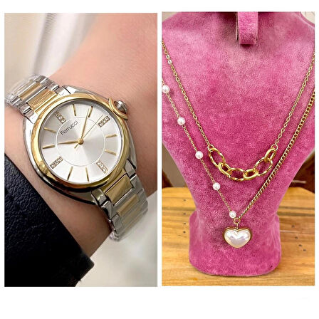 Ferrucci Gold&Gümüş Çelik Kadın Kol Saati+%100 Çelik Kolye Hediye