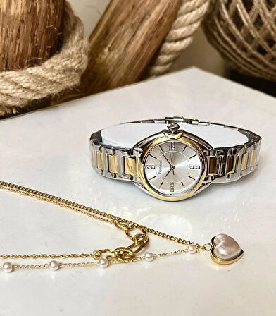 Ferrucci Gold&Gümüş Çelik Kadın Kol Saati+%100 Çelik Kolye Hediye