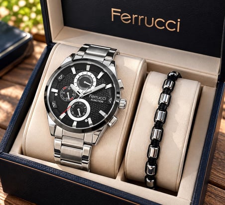 Ferrucci Fonksiyonları Aktif Gümüş Renk Çelik Erkek Kol Saati+Hematit Bileklik Hediyeli