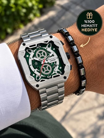 Ferrucci Kare Kadran Fonksiyonları Aktif Spor Model Çelik Erkek Kol Saati+Hematit Bileklik Hediyeli