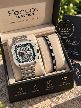 Ferrucci Kare Kadran Fonksiyonları Aktif Spor Model Çelik Erkek Kol Saati+Hematit Bileklik Hediyeli