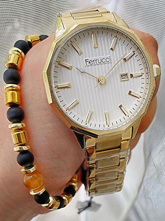 Ferrucci 1. Sınıf Çelik Altın Sarısı Erkek Kol Saati + Bileklik Hediyeli