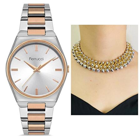 Ferrucci Rose Gümüş Çelik Kadın Kol Saat+Kristal El Yapımı Kolye