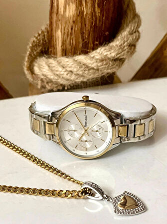 Ferrucci Silver&Gold Çelik Kordon Kadın Kol Saat+%100 Çelik Süper Kolye Hediye
