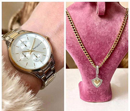 Ferrucci Silver&Gold Çelik Kordon Kadın Kol Saat+%100 Çelik Süper Kolye Hediye