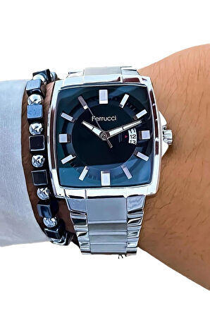 Ferrucci Dikdörtgen Büyük Kadran Takvimli Şık Erkek Kol Saati+Bileklik