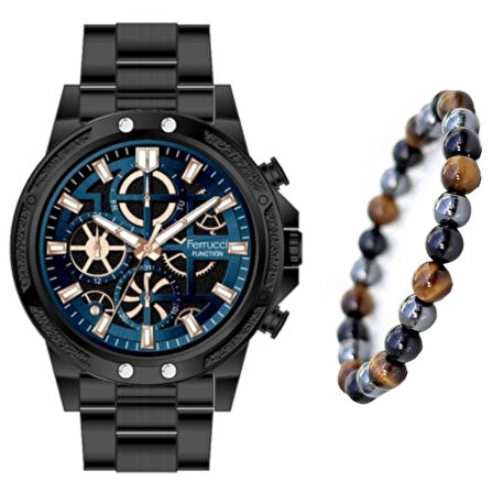 Ferrucci Siyah Spor Şık Model Fonksiyonlu Erkek Kol Saati+Bileklik Hediye