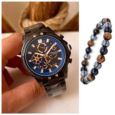 Ferrucci Siyah Spor Şık Model Fonksiyonlu Erkek Kol Saati+Bileklik Hediye