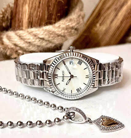 Ferrucci Silver Çelik Takvimli Kadın Kol Saati+%100Çelik Kolye Hediye