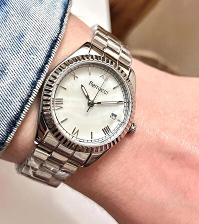 Ferrucci Silver Çelik Takvimli Kadın Kol Saati+%100Çelik Kolye Hediye