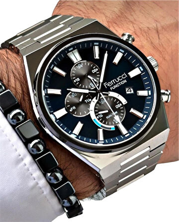 Ferrucci Silver Kordon Fonksiyonları Aktif Takvimli Erkek Kol Saati+Bileklik