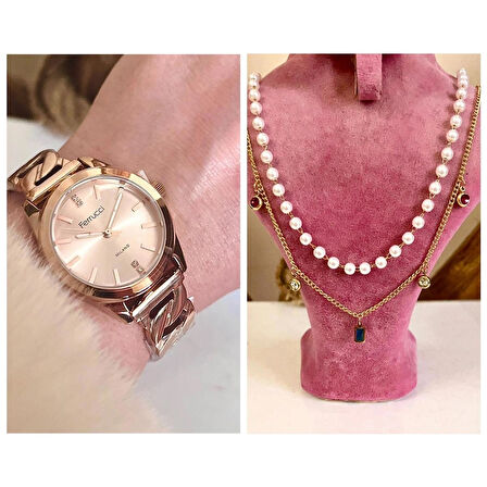 Ferrucci Çelik Kordon Özel Tasarım Kadın Kol Saati+%100 Çelik&İncili Kolye Hediyeli