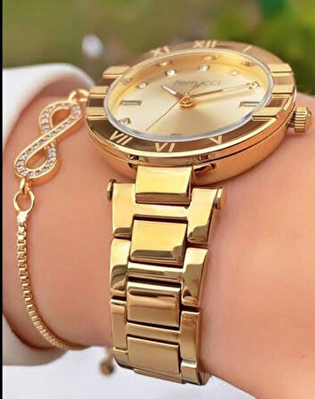 Ferrucci Yeni Model Şık Taşlı Çelik Kadın Ko Saati+Bileklik Hediye