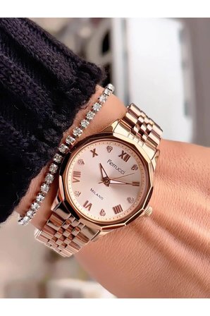 Ferrucci Kristal Efektli Cam Çelik Kasa Kordon-Kadın Kol Saati+Bileklik Hediye