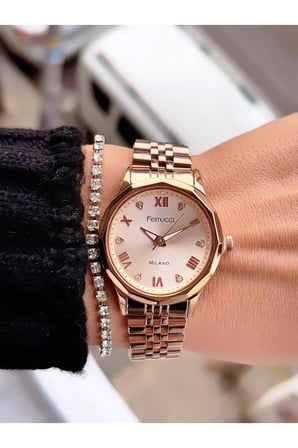 Ferrucci Kristal Efektli Cam Çelik Kasa Kordon-Kadın Kol Saati+Bileklik Hediye