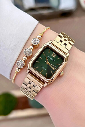 Ferrucci Kare Minimal Kadran Zarif Model Çelik Kadın Kol Saati+Bileklik